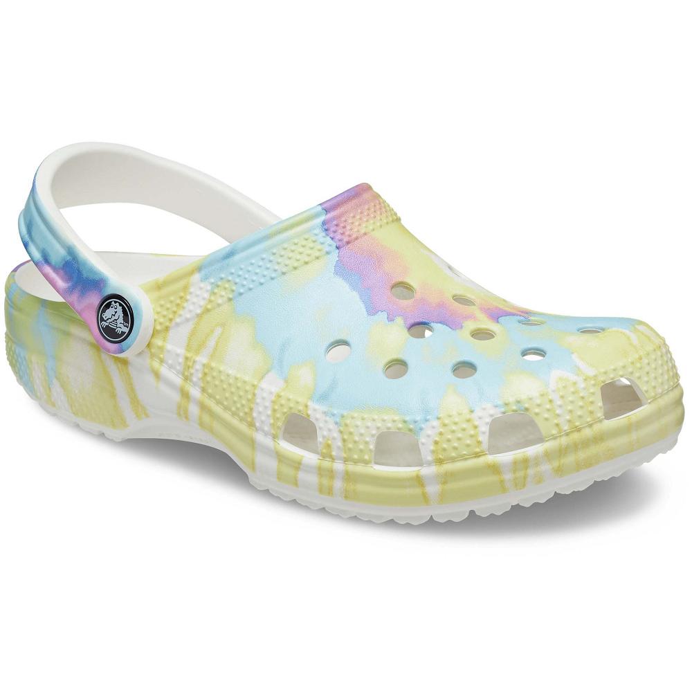 White / Multi Women's Crocs Classic Tie-Dye Graphic Clogs | NZ 0133EBCX